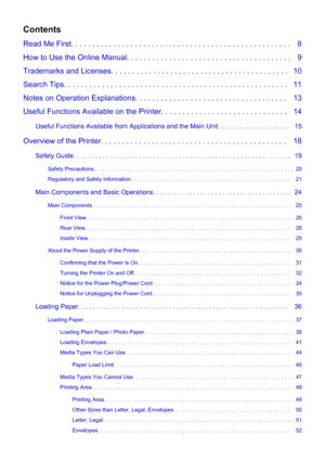 Page 2Contents
Read Me First. . . . . . . . . . . . . . . . . . . . . . . . . . . . . . . . . . . . . . . . . . . . . . . . . . . .   8
How to Use the Online Manual. . . . . . . . . . . . . . . . . . . . . . . . . . . . . . . . . . . . . . .   9
Trademarks and Licenses. . . . . . . . . . . . . . . . . . . . . . . . . . . . . . . . . . . . . . . . . .   10
Search Tips. . . . . . . . . . . . . . . . . . . . . . . . . . . . . . . . . . . . . . . . . . . . . . . . . . . . .   11
Notes on Operation Explanations. ....