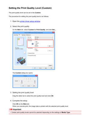 Page 146Setting the Print Quality Level (Custom)The print quality level can be set in the  Custom.
The procedure for setting the print quality level is as follows:1.
Open the printer driver setup window
2.
Select the print quality
On the  Main tab, select  Custom for Print Quality , and click Set....
The Custom  dialog box opens.
3.
Setting the print quality level
Drag the slider bar to select the print quality level and click  OK.
4.
Complete the setup
Click  OK on the  Main tab.
When you execute print, the...