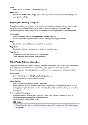 Page 199UnitsSelect the unit for entering a user-defined paper size.
Paper Size Specifies the  Width and the  Height of the custom paper. Measurement is shown according to the
units specified in  Units.
Page Layout Printing dialog box
This dialog box allows you to select the number of document pages to be placed on one sheet of paper, the page order, and whether a page border line is to be printed around each document page.
The settings specified in this dialog box can be confirmed in the settings preview on the...