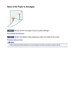 Page 259Back of the Paper Is Smudged
Check1 Did you confirm the paper and print quality settings?
Print Results Not Satisfactory
Check2  Perform the Bottom Plate Cleaning to clean the inside of the printer.
Cleaning Inside the Printer
Note
•
When performing duplex printing or too much printing, the inside may become stained with ink.
259
 