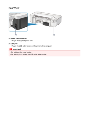 Page 28Rear View
(1) power cord connectorPlug in the supplied power cord.
(2) USB port Plug in the USB cable to connect the printer with a computer.
Important
•
Do not touch the metal casing.
•
Do not plug in or unplug the USB cable while printing.
28
 