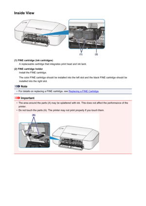 Page 29Inside View
(1) FINE cartridge (ink cartridges)A replaceable cartridge that integrates print head and ink tank.
(2) FINE cartridge holder Install the FINE cartridge.
The color FINE cartridge should be installed into the left slot and the black FINE cartridge should be
installed into the right slot.
Note
•
For details on replacing a FINE cartridge, see Replacing a FINE Cartridge .
Important
•
The area around the parts (A) may be splattered with ink. This does not affect the performance of the
printer.
•...