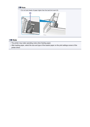 Page 40Note•
Do not load sheets of paper higher than the load limit mark (D).
Note
•
The printer may make operating noise when feeding paper.
•
After loading paper, select the size and type of the loaded paper on the print settings screen of theprinter driver.
40
 