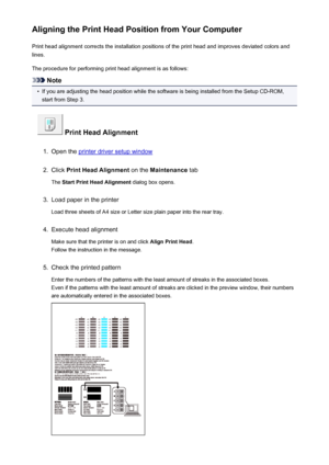 Page 71Aligning the Print Head Position from Your ComputerPrint head alignment corrects the installation positions of the print head and improves deviated colors and
lines.
The procedure for performing print head alignment is as follows:
Note
•
If you are adjusting the head position while the software is being installed from the Setup CD-ROM, start from Step 3.
 Print Head Alignment
1.
Open the printer driver setup window
2.
Click  Print Head Alignment  on the Maintenance  tab
The  Start Print Head Alignment...