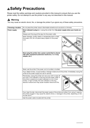 Page 7874Safety Precautions
Safety Precautions
Please read the safety warnings and cautions prov ided in this manual to ensure that you use the 
printer safely. Do not attempt to use the printer in any way not described in this manual.
Warning
You may cause an electric shock, fire, or damage the printer if you ignore any of these safety precautions.
Choosing a location Do not place the printer close to flammable solvents such as alcohol or thinners.
Power supply Never attempt to plug in  or unplug the printer...