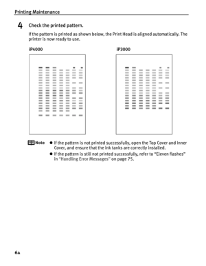 Page 68Printing Maintenance
64
4Check the printed pattern.
If the pattern is printed as shown below, the Print Head is aligned automatically. The 
printer is now ready to use.
zIf the pattern is not printed successfully, open the Top Cover and Inner 
Cover, and ensure that the ink tanks are correctly installed.
zIf the pattern is still not printed successfully, refer to “Eleven flashes” 
in“H
Handling Error Messages”on page 75.
iP4000iP3000
 