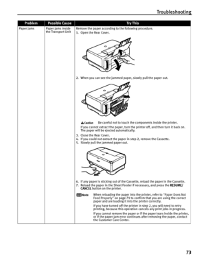 Page 77Troubleshooting
73
Paper Jams Paper jams inside 
the Transport UnitRemove the paper according to the following procedure.
1. Open the Rear Cover. 
2. When you can see the jammed paper, slowly pull the paper out. 
Be careful not to touch the components inside the printer.
If you cannot extract the paper, turn the printer off, and then turn it back on. 
The paper will be ejected automatically.
3. Close the Rear Cover.
4. If you could not extract the paper in step 2, remove the Cassette.
5. Slowly pull the...