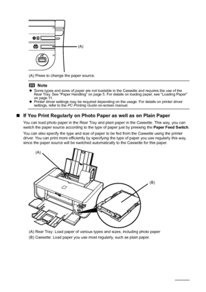 Page 128Before Using the Printer
(A) Press to change the paper source.
„If You Print Regularly on Photo Paper as well as on Plain Paper
You can load photo paper in the Rear Tray and plai n paper in the Cassette. This way, you can 
switch the paper source according to  the type of paper just by pressing the  Paper Feed Switch.
You can also specify the type and size of paper  to be fed from the Cassette using the printer 
driver. You can print more efficiently by specifyi ng the type of paper you use regularly...