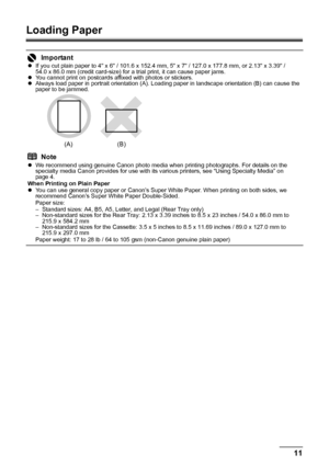 Page 1511
Before Using the Printer
Loading Paper
Importantz If you cut plain paper to 4 x 6 / 101.6 x 152.4 mm, 5 x 7 / 127.0 x 177.8 mm, or 2.13 x 3.39 / 
54.0 x 86.0 mm (credit card-size) for a trial print, it can cause paper jams.
z You cannot print on postcards affixed with photos or stickers.
z Always load paper in portrait orientation (A). Loading paper in landscape orientation (B) can cause the 
paper to be jammed.
NotezWe recommend using genuine Canon photo media when printing photographs. For details...