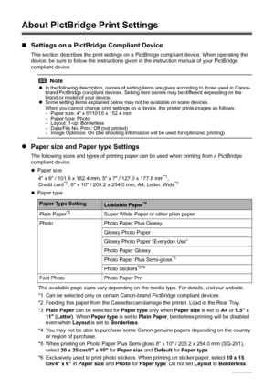 Page 3026Printing Photographs Directl y from a Compliant Device
About PictBridge Print Settings
„Settings on a PictBridge Compliant Device
This section describes the print settings on a  PictBridge compliant device. When operating the 
device, be sure to follow the instructions giv en in the instruction manual of your PictBridge 
compliant device.
z Paper size and Paper type Settings
The following sizes and types of printing paper  can be used when printing from a PictBridge 
compliant device.
z Paper size
4 x...