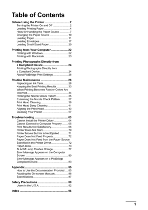 Page 5Table of Contents
1
Before Using the Printer ................................2Turning the Printer On and Off ....................... 2
Loading Printing Paper ................................... 4
Hints for Handling the Paper Source .............. 7
Changing the Paper Source ......................... 10
Loading Paper .............................................. 11
Loading Envelopes ....................................... 17
Loading Small-Sized Paper .......................... 20
Printing from Your...