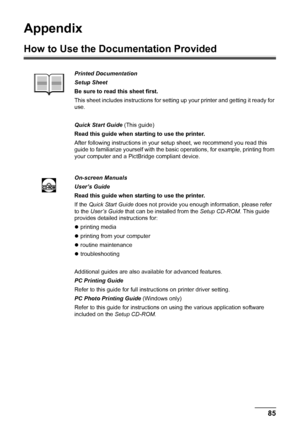 Page 8985
Appendix
Appendix
How to Use the Documentation Provided
Printed Documentation
Setup Sheet
Be sure to read this sheet first.
This sheet includes instruct ions for setting up your printer and getting it ready for 
use.
Quick Start Guide  (This guide)
Read this guide when starting to use the printer.
After following instructions in your  setup sheet, we recommend you read this 
guide to familiarize yourself with the bas ic operations, for example, printing from 
your computer and a PictBridge compliant...