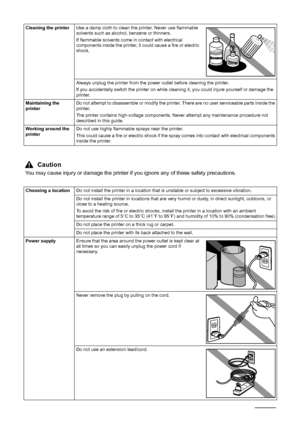 Page 9490Safety Precautions
Cleaning the printer Use a damp cloth to clean the printer. Never use flammable 
solvents such as alcohol, benzene or thinners.
If flammable solvents come in contact with electrical 
components inside the printer, it could cause a fire or electric 
shock.
Always unplug the printer from the power outlet before cleaning the printer.
If you accidentally switch the printer on while cleaning it, you could injure yourself or damage the 
printer.
Maintaining the 
printer Do not attempt to...