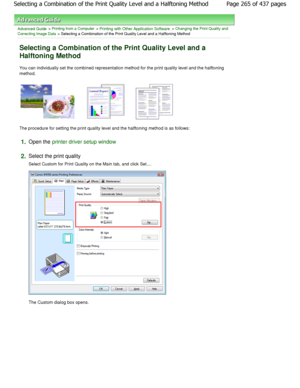 Page 265Advanced Guide > Printing from a Computer > Printing with Other Application Software > Changing the Print Quality and
Correcting Image Data
 > Selecting a Combination of the Print Quality Level  and a Halftoning Method 
Selecting a Combination of the Print Quality Level  and a
Halftoning Method 
You can individually set the combined representatio n method for the print quality level and the halftoning
method. 
The procedure for setting the print quality level a nd the halftoning method is as follows:...