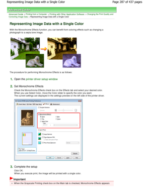 Page 287Advanced Guide > Printing from a Computer > Printing with Other Application Software > Changing the Print Quality and
Correcting Image Data
 > Representing Image Data with a Single Color 
Representing Image Data with a Single Color 
W ith the Monochrome Effects function, you can benef it from coloring effects such as changing a
photograph to a sepia tone image. 
The procedure for performing Monochrome Effects is  as follows: 
1.Open the printer driver setup window
2.
Set Monochrome Effects  
Check the...