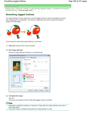 Page 290Advanced Guide > Printing from a Computer > Printing with Other Application Software > Changing the Print Quality and
Correcting Image Data
 > Smoothing Jagged Outlines 
Smoothing Jagged Outlines 
The Image Optimizer function allows you to smooth j agged outlines in photos and graphics that have
been enlarged with your application. This feature is e specially useful when printing low-resolution
images from Web pages. 
The procedure for performing Image Optimizer is as  follows: 
1.Open the printer driver...