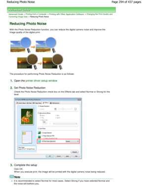 Page 294Advanced Guide > Printing from a Computer > Printing with Other Application Software > Changing the Print Quality and
Correcting Image Data
 > Reducing Photo Noise 
Reducing Photo Noise 
W ith the Photo Noise Reduction function, you can re duce the digital camera noise and improve the
image quality of the digital print. 
The procedure for performing Photo Noise Reduction is a s follows: 
1.Open the printer driver setup window
2.
Set Photo Noise Reduction  
Check the Photo Noise Reduction check box on the...