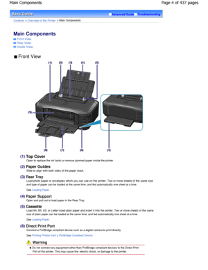 Page 4Advanced GuideTroubleshooting
Contents > Overview of the Printer > Main Components
Main Components 
Front View
Rear View
Inside View
 Front View 
(1) Top Cover
Open to replace the ink tanks or remove jammed paper insi de the printer.
(2) 
Paper Guides
Slide to align with both sides of the paper stack.
(3)  Rear Tray
Load photo paper or envelopes which you can use on the  printer. Two or more sheets of the same size
and type of paper can be loaded at the same time, and fed automatically one sheet at a...