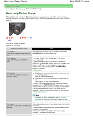 Page 358Advanced Guide > Troubleshooting > Alarm Lamp Flashes Orange
Alarm Lamp Flashes Orange
W hen a printer error occurs, the Alarm lamp flashes orange as shown below. The number of  flashes
indicates the type of error that has occurred. Count the flashes and take the appropriate action to correct
the error.
(A) Note the number of flashes
(B) Flashes repeatedly
Number of flashes/CauseAction
Two flashes:
Printer is out of paper./Paper does not 
feed.
Reload paper in the Rear Tray or Cassette and press  the...