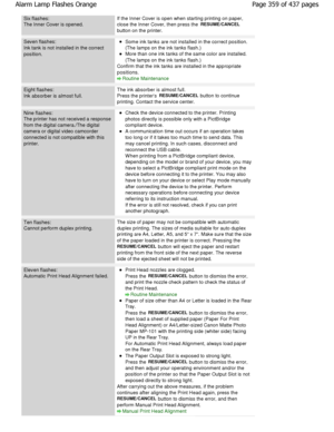 Page 359Six flashes:
The Inner Cover is opened.
If the Inner Cover is open when starting printing on paper,
close the Inner Cover, then press the 
RESUME/CANCEL
button on the printer.
Seven flashes: 
Ink tank is not installed in the correct
position.
Some ink tanks are not installed in the correct pos ition.
(The lamps on the ink tanks flash.)
More than one ink tanks of the same color are insta lled.
(The lamps on the ink tanks flash.)
Confirm that the ink tanks are installed in the app ropriate
positions....