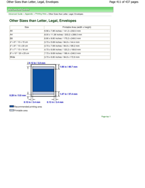 Page 411Advanced Guide > Appendix > Printing Area > Other Sizes than Letter, Legal, Envelopes
Other Sizes than Letter, Legal, Envelopes
SizePrintable Area (width x height)
A55.56 x 7.95 inches / 141.2 x 202.0 mm
A48.00 x 11.38 inches / 203.2 x 289.0 mm
B56.90 x 9.80 inches / 175.2 x 249.0 mm
4 x 6 / 10 x 15 cm3.73 x 5.69 inches / 94.8 x 144.4 mm
4 x 8 / 10 x 20 cm3.73 x 7.69 inches / 94.8 x 195.2 mm
5 x 7 / 13 x 18 cm4.73 x 6.69 inches / 120.2 x 169.8 mm
8 x 10 / 20 x 25 cm7.73 x 9.69 inches / 196.4 x 246.0 mm
W...