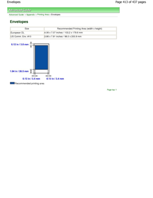 Page 413Advanced Guide > Appendix > Printing Area > Envelopes
Envelopes
SizeRecommended Printing Area (width x height)
European DL4.06 x 7.07 inches / 103.2 x 179.6 mm
US Comm. Env. #103.86 x 7.91 inches / 98.0 x 200.9 mm
Recommended printing area
Page top
Page 413 of 437 pages
Envelopes
JownloadedhfromhManualsPrinterDcomhManuals   