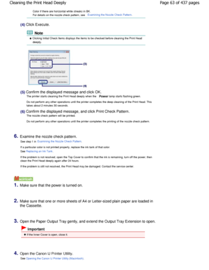 Page 63Color if there are horizontal white streaks in BK. 
For details on the nozzle check pattern, see Examining the Nozzle Check Pattern.
(4) Click Execute.
 Note
 Clicking Initial Check Items displays the items to be checked before cleaning the Print Head
deeply.
(5) Confirm the displayed message and click OK.
The printer starts cleaning the Print Head deeply when  the 
Power  lamp starts flashing green.
Do not perform any other operations until the printe r completes the deep cleaning of the Print Head....