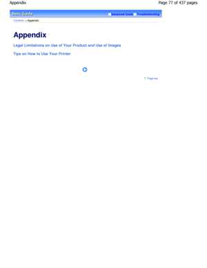 Page 77Advanced GuideTroubleshooting
Contents > Appendix
Appendix 
Legal Limitations on Use of Your Product and Use of Images
Tips on How to Use Your Printer
      
Page top
Page 77 of 437 pages
Appendix
JownloadedhfromhManualsPrinterDcomhManuals   