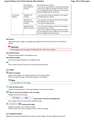 Page 195Commercial
Share Alike (CC
license)
work along with your creation.
- You may not use the work for commercial purposes. 
- Even if your creation is built upon the work of others,
you must apply the same conditions to it as those s et
out for the original work by the licensor.
CC license
(Others)
Attribution (CC
license)
- You must show the title and licensor of the origi nal
work along with your creation.
Attribution No 
Derivatives (CC
license)
- You must show the title and licensor of the original
work...