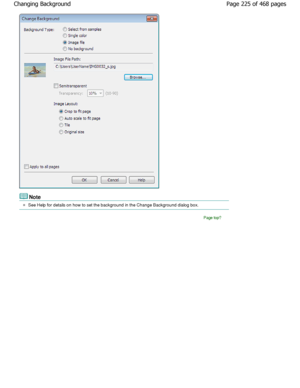 Page 225Note
See Help for details on how to set the background in the Change Background dialog box.
Page top
Page 225 of 468 pages
Changing Background
.ownloadedtfromtManualsPrinterDcomtManuals  