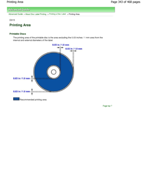 Page 343Advanced Guide > About Disc Label Printing > Printing a Disc Label > Printing Area
D015
Printing Area 
Printable Discs
The printing area of the printable disc is the area excluding the 0.03 inches / 1 mm area from the
internal and external diameters of the label.
Recommended printing area
Page top
Page 343 of 468 pages
Printing Area
.ownloadedtfromtManualsPrinterDcomtManuals   