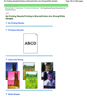 Page 396Advanced Guide > Troubleshooting > Print Results Not Satisfactory > No Printing Results/Printing Is Blurred/Colors Are
W rong/W hite Streaks
U313
No Printing Results/Printing Is Blurred/Colors Are Wrong/White
Streaks
 No Printing Results
 Printing Is Blurred
 Colors Are Wrong
 White Streaks
Page 396 of 468 pages
No Printing Results/Printing Is Blurred/Colors Are  Wrong/White Streaks
.ownloadedtfromtManualsPrinterDcomtManuals       