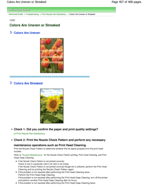 Page 407Advanced Guide > Troubleshooting > Print Results Not Satisfactory > Colors Are Uneven or Streaked
U320
Colors Are Uneven or Streaked
 Colors Are Uneven
 Colors Are Streaked
Check 1: Did you confirm the paper and print quality settings?
Print Results Not Satisfactory
Check 2: Print the Nozzle Check Pattern and perform  any necessary
maintenance operations such as Print Head Cleaning. 
Print the Nozzle Check Pattern to determine whether  the ink ejects properly from the print head
nozzles. 
Refer to...