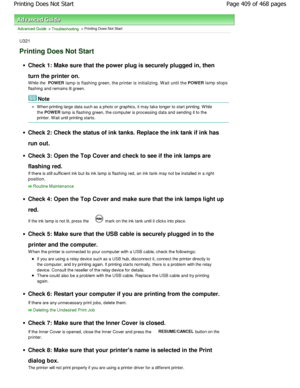 Page 409Advanced Guide > Troubleshooting > Printing Does Not Start
U321
Printing Does Not Start
Check 1: Make sure that the power plug is securely  plugged in, then
turn the printer on. 
W hile the  POWER
 lamp is flashing green, the printer is initializing.  W ait until the POWER
 lamp stops
flashing and remains lit green.
Note
W hen printing large data such as a photo or graphics, it
 may take longer to start printing. W hile
the  POWER
 lamp is flashing green, the computer is processing  data and sending it...