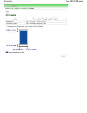 Page 442Advanced Guide > Appendix > Printing Area > Envelopes
U505
Envelopes
SizeRecommended Printing Area (width x height)
European DL*4.06 x 7.07 inches / 103.2 x 179.6 mm
US Comm. Env. #10*3.86 x 7.91 inches / 98.0 x 200.9 mm
* This page size can be used only when printing fro m your computer.
Recommended printing area
Page top
Page 442 of 468 pages
Envelopes
.ownloadedtfromtManualsPrinterDcomtManuals   