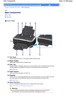 Page 4Advanced GuideTroubleshooting
Contents > Overview of the Printer > Main Components
C001 
Main Components 
Front View
Rear View
Inside View
 Front View 
(1) Top Cover
Open to replace the ink tanks or remove jammed pape r inside the printer.
(2) Paper Guides
Slide to align with both sides of the paper stack.
(3)  Rear Tray
Load photo paper or envelopes which you can use on the pr
inter. Two or more sheets of the same size
and type of paper can be loaded at the same time, and fed automatically one sheet at...