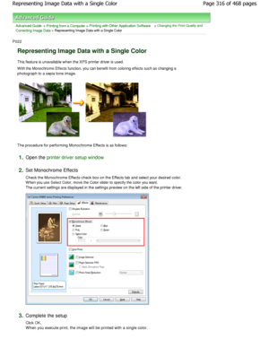 Page 316Advanced Guide > Printing from a Computer > Printing with Other Application Software > Changing the Print Quality and
Correcting Image Data
 > Representing Image Data with a Single Color 
P022 
Representing Image Data with a Single Color 
This feature is unavailable when the XPS printer dr iver is used. 
W ith the Monochrome Effects function, you can benefit fr om coloring effects such as changing a
photograph to a sepia tone image. 
The procedure for performing Monochrome Effects is  as follows: 
1.Open...