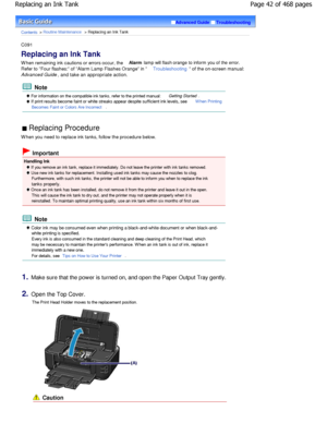 Page 42Advanced GuideTroubleshooting
Contents > Routine Maintenance > Replacing an Ink Tank
C091 
Replacing an Ink Tank 
W hen remaining ink cautions or errors occur, the Alarm
 lamp will flash orange to inform you of the error.
Refer to Four flashes: of Alarm Lamp Flashes Ora nge in 
Troubleshooting of the on-screen manual: 
Advanced Guide , and take an appropriate action.
 Note
 For information on the compatible ink tanks, refer  to the printed manual: Getting Started.
 If print results become faint or white...