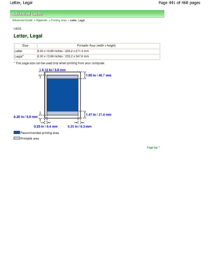 Page 441Advanced Guide > Appendix > Printing Area > Letter, Legal
U503
Letter, Legal
SizePrintable Area (width x height)
Letter8.00 x 10.69 inches / 203.2 x 271.4 mm
Legal*8.00 x 13.69 inches / 203.2 x 347.6 mm
* This page size can be used only when printing fro m your computer.
Recommended printing area
Printable area
Page top
Page 441 of 468 pages
Letter, Legal
.ownloadedtfromtManualsPrinterDcomtManuals   