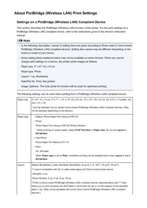 Page 148About PictBridge (Wireless LAN) Print SettingsSettings on a PictBridge (Wireless LAN) Compliant DeviceThis section describes the PictBridge (Wireless LAN) function of the printer. For the print settings on a
PictBridge (Wireless LAN) compliant device, refer to the instructions given in the device's instruction
manual.
Note
•
In the following description, names of setting items are given according to those used in Canon-brand PictBridge (Wireless LAN) compliant devices. Setting item names may be...