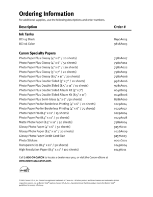 Page 107Getting Help from Canon
Help Us Help You Better
Before you contact Canon, please record the following information.
Serial Number (located on the back of the printer):                                                                      
Model Number (located on the top of the printer):                                                                         
Setup Software and User’s Guide CD version number (USCD X.X) 
located on your CD-ROM:...