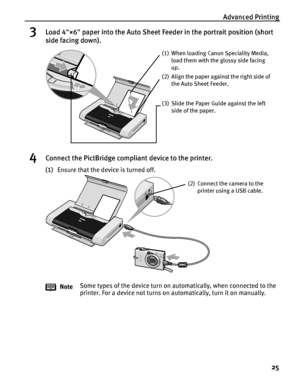 Page 29Advanced Printing25
3Load 4×6 paper into the Auto Sheet Fe eder in the portrait position (short 
side facing down).
4Connect the PictBridge compliant device to the printer.
(1) Ensure that the device is turned off.
Note Some types of the device turn on automatically, when connected to the 
printer. For a device not turns on automatically, turn it on manually.
(1) When loading Canon Speciality Media, 
load them with the glossy side facing 
up.
(2) Align the paper against the right side of the Auto Sheet...