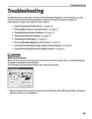 Page 73Troubleshooting69
Troubleshooting
Troubleshooting usually falls into one of the following categories. In this chapter you will 
find the most common printing problems. Refer to the 
Users Guide for additional 
information on topics not covered in this section.
•Cannot Install the Printer Driver  on page 70
• Print Quality is Poor or Contains Errors  on page 72
• Troubleshooting Printer Hardware  on page 74
• Paper Does Not Feed Properly  on page 75
• Handling Error Messages  on page 76
• An Error Message...