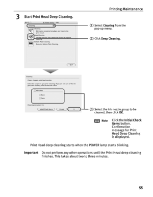 Page 59Printing Maintenance
55
3Start Print Head Deep Cleaning.
Print Head deep cleaning starts when the POWER lamp starts blinking.
ImportantDo not perform any other operations until the Print Head deep cleaning 
finishes. This takes about two to three minutes.
(1)Select Cleaning 
Cleaning Cleaning  Cleaning from the 
pop-up menu.
(2)Click Deep Cleaning
Deep CleaningDeep Cleaning Deep Cleaning.
(3)Select the ink nozzle group to be 
cleaned, then click OK
OKOK OK.
Note
Click the Initial Check 
Initial Check...