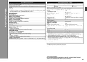 Page 27

Especificaciones
Requisitos mínimos del sistema
 Cumple los requisitos del sistema operativo cuando son mayores que los m\
encionados aquí. 
Sistema operativo/Procesador/RAMWindows 7 Procesador a 1 GHz o superior de 32 bits (x86) o 64 bits (x64) 1 GB (32 bits)/2 GB (64 bits)
Windows Vista, Vista SP1, Vista SP2 Procesador a 1 GHz 512 MB
Windows XP SP2, SP3 Procesador a 300 MHz 128 MB
Mac OS X v.10.6 Procesador Intel 1 GB
Mac OS X v.10.5 Procesador Intel, PowerPC G5, PowerPC G4 (867 MHz o...