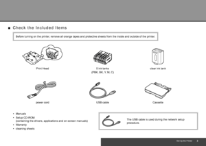 Page 5Set Up the Printer
C h e c k   t h e   I n c l u d e d   I t e m s
■
5 ink tanks
Print Head
Before turning on the printer, remove all orange tapes and protective sheets from the inside and outs\
ide of the printer.
power cord clear ink tank
USB cable Cassette
The USB cable is used during the network setup 
procedure.
Manuals•
Setup CD-ROM  
(containing the drivers, applications and on-screen manuals)
•
Warranty
•
cleaning sheets
• (PBK, BK, Y, M, C)
 