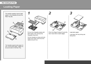 Page 561 2
A
B
C
D
E
3
G
F
After Installing the Printer
Loading Paper
Pull out the Cassette slowly with 
both hands, then remove the 
Cassette Cover (E).
This section explains how to load 
paper in the Cassette (A) and the 
Rear Tray (B).
The Cassette supports plain paper (C) 
only. To print photo paper / Hagaki (D), 
be sure to load it in the Rear Tray.
Pull the Cassette out slowly with both 
hands until it stops, then lift its front 
slightly and pull it out.
Pinch the Paper Guides (F) and (G),...