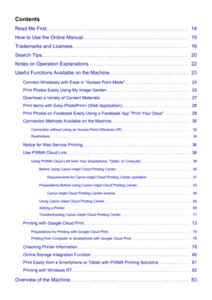 Page 2Contents
Read Me First. . . . . . . . . . . . . . . . . . . . . . . . . . . . . . . . . . . . . . . . . . . . . . . . . . .   14
How to Use the Online Manual. . . . . . . . . . . . . . . . . . . . . . . . . . . . . . . . . . . . . .   15
Trademarks and Licenses. . . . . . . . . . . . . . . . . . . . . . . . . . . . . . . . . . . . . . . . . .   16
Search Tips. . . . . . . . . . . . . . . . . . . . . . . . . . . . . . . . . . . . . . . . . . . . . . . . . . . . .   20
Notes on Operation Explanations. . ....