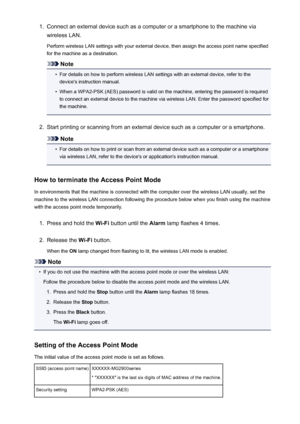 Page 1781.Connect an external device such as a computer or a smartphone to the machine viawireless LAN.
Perform wireless LAN settings with your external device, then assign the access point name specified
for the machine as a destination.
Note
•
For details on how to perform wireless LAN settings with an external device, refer to the device's instruction manual.
•
When a WPA2-PSK (AES) password is valid on the machine, entering the password is required
to connect an external device to the machine via...