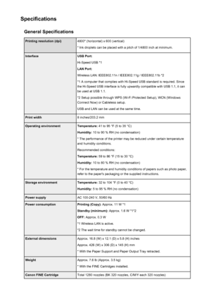 Page 267SpecificationsGeneral SpecificationsPrinting resolution (dpi)4800* (horizontal) x 600 (vertical)
* Ink droplets can be placed with a pitch of 1/4800 inch at minimum.InterfaceUSB Port:
Hi-Speed USB *1
LAN Port:
Wireless LAN: IEEE802.11n / IEEE802.11g / IEEE802.11b *2 *1 A computer that complies with Hi-Speed USB standard is required. Sincethe Hi-Speed USB interface is fully upwardly compatible with USB 1.1, it can
be used at USB 1.1.
*2 Setup possible through WPS (Wi-Fi Protected Setup), WCN (Windows...